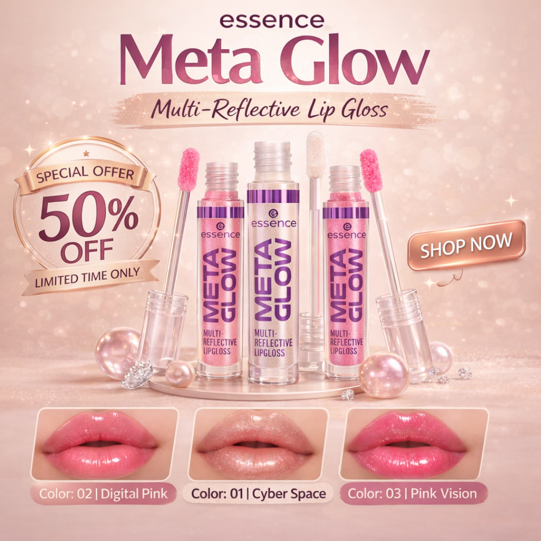 Essence Meta Glow Multi-Reflective Lip Gloss | Pack of 3 Shades – Cyber Space, Digital Pink & Pink Vision | Glass-Like Shine & Multi-Dimensional Sparkle