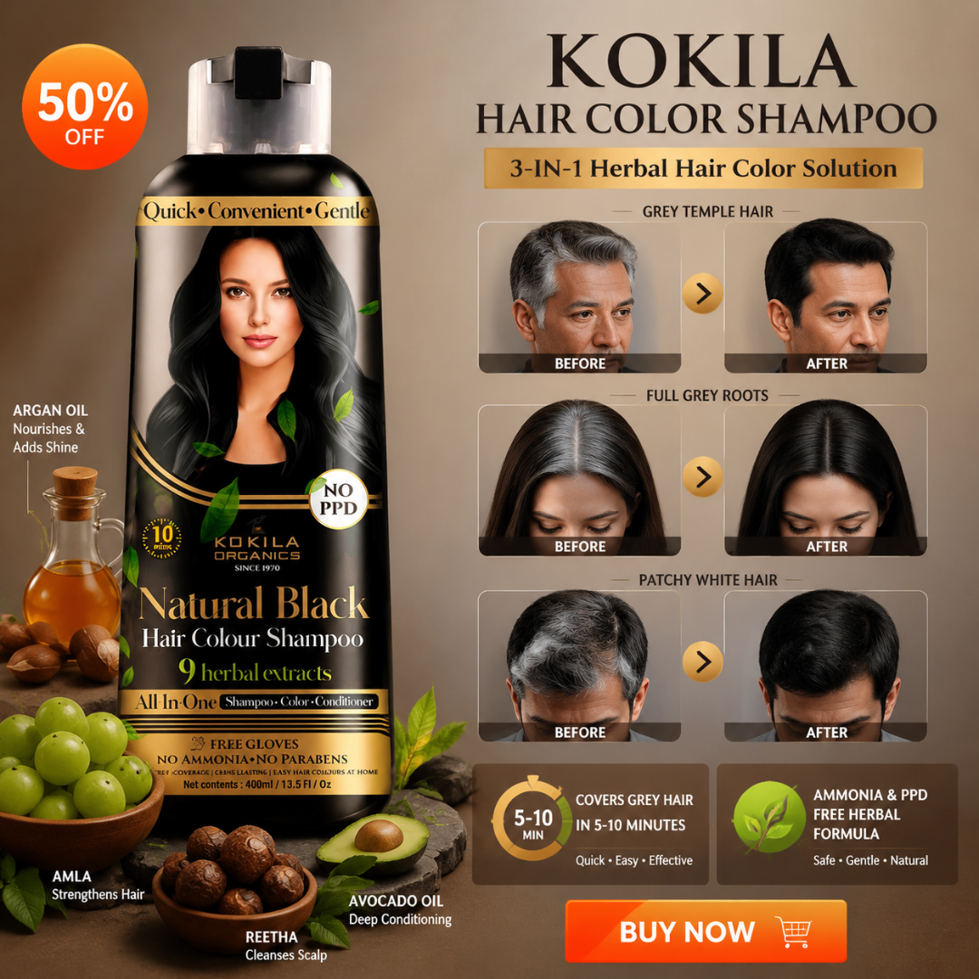KOKILA ORGANICS Natural Black Hair Colour Shampoo – 3-in-1 Herbal Hair Color Solution – Covers Grey Hair in 5-10 Minutes – No Ammonia, No PPD, No Parabens – With Argan Oil, Amla, Avocado Oil & Reetha