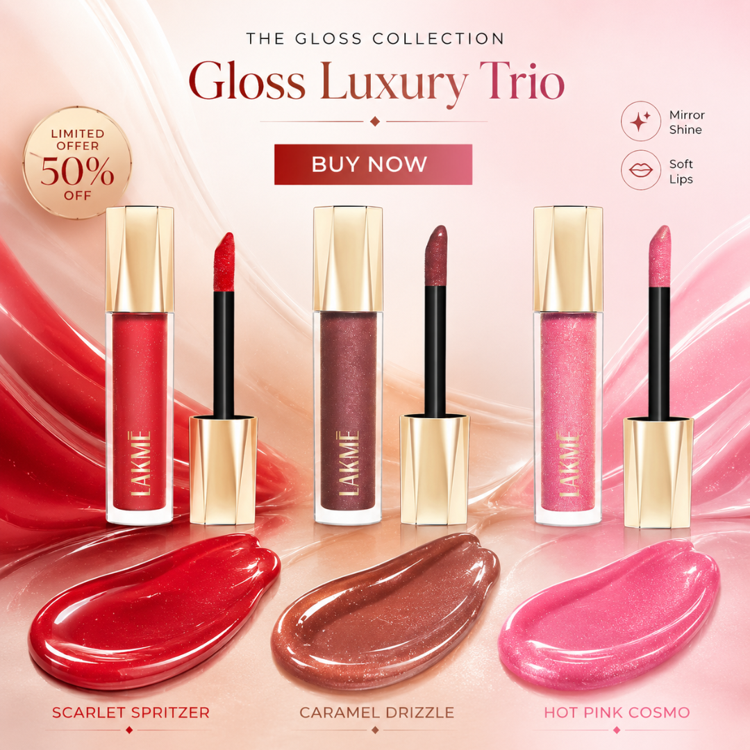 Lakmé Gloss Luxury Trio – 3D Crystal Shine – Mirror Shine, Soft Lips – Ultra Shine, Lightweight Feel