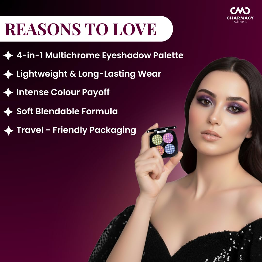 CHARMACY Milano Insane Quad Palette | 4-in-1 Multichrome Eyeshadow | Intense Shift, Soft Blend, Wedding & Festive Approved