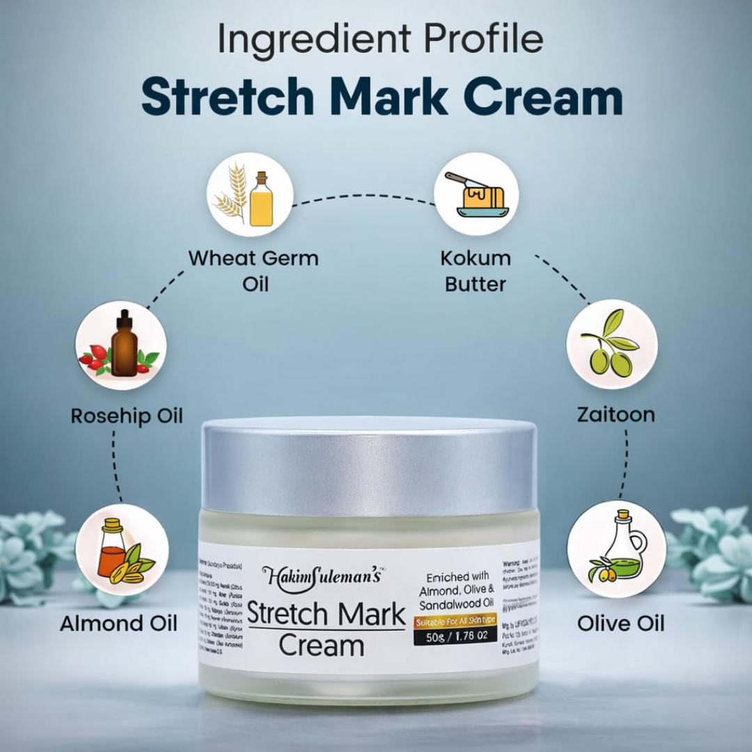 Hakim Suleman's Stretch Mark Cream | Premium Ayurvedic Formula with Almond, Olive & Sandalwood Oil | Visibly Fades Stretch Marks on Belly, Thighs & More