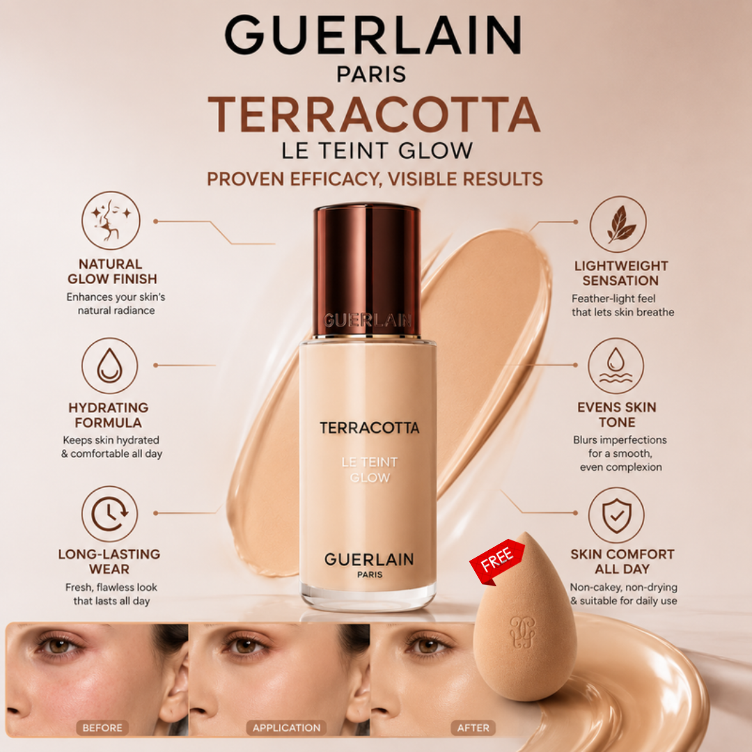 Guerlain Terracotta Le Teint Glow – Healthy Glow, Naturally You – Hydrating, Lightweight & Long-Lasting Foundation – Natural Glow Finish – With Glycerin, Vitamin E, White Flower Extract & Argan Oil