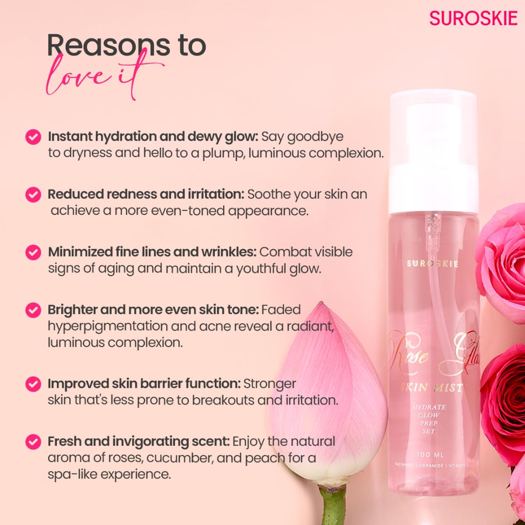 Suroskie Face Prep Bundle (Moisturizer Cum Primer + Rose Mist) - Flawless, Dewy & Long-lasting Makeup - Pore Minimizer & hydration (Best for all Skin Types)
