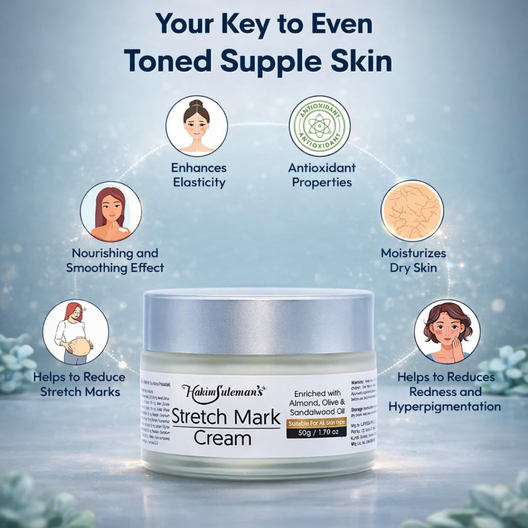 Hakim Suleman's Stretch Mark Cream | Premium Ayurvedic Formula with Almond, Olive & Sandalwood Oil | Visibly Fades Stretch Marks on Belly, Thighs & More