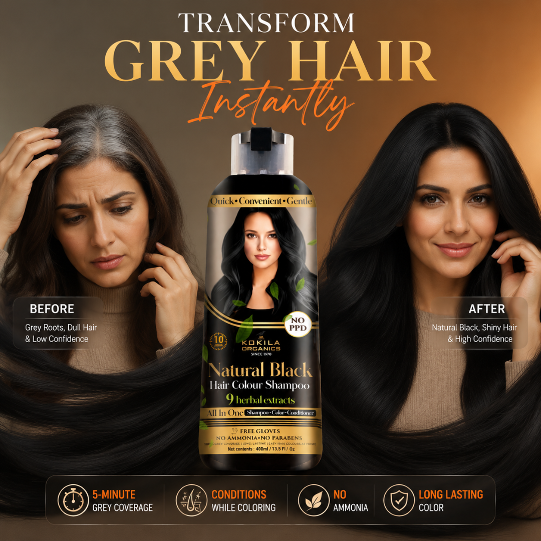 KOKILA ORGANICS Natural Black Hair Colour Shampoo – 3-in-1 Herbal Hair Color Solution – Covers Grey Hair in 5-10 Minutes – No Ammonia, No PPD, No Parabens – With Argan Oil, Amla, Avocado Oil & Reetha