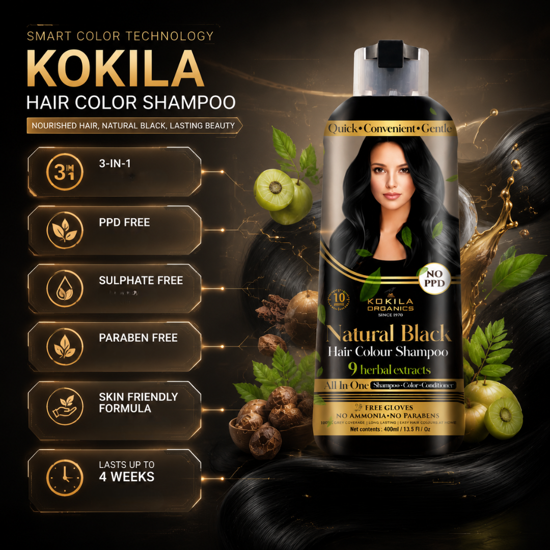 KOKILA ORGANICS Natural Black Hair Colour Shampoo – 3-in-1 Herbal Hair Color Solution – Covers Grey Hair in 5-10 Minutes – No Ammonia, No PPD, No Parabens – With Argan Oil, Amla, Avocado Oil & Reetha