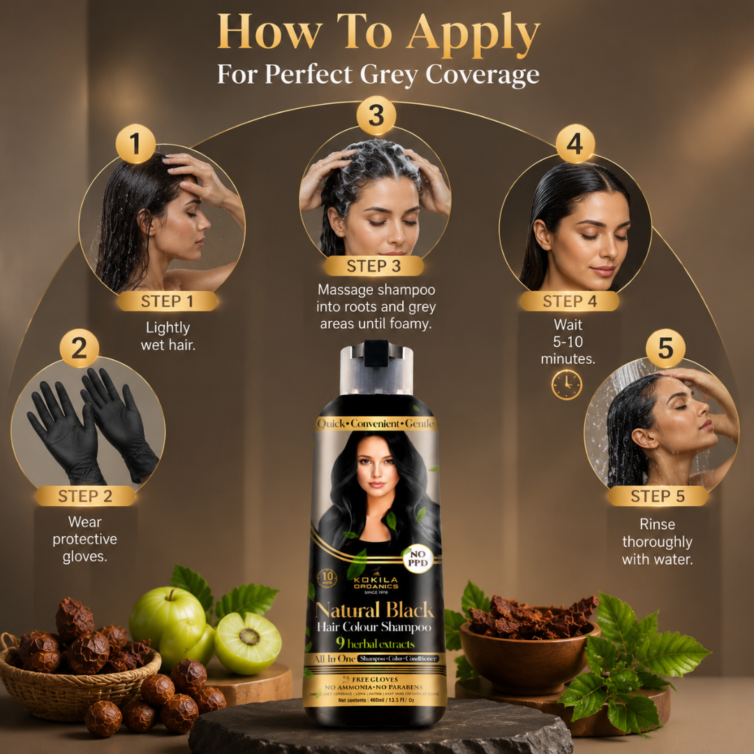 KOKILA ORGANICS Natural Black Hair Colour Shampoo – 3-in-1 Herbal Hair Color Solution – Covers Grey Hair in 5-10 Minutes – No Ammonia, No PPD, No Parabens – With Argan Oil, Amla, Avocado Oil & Reetha
