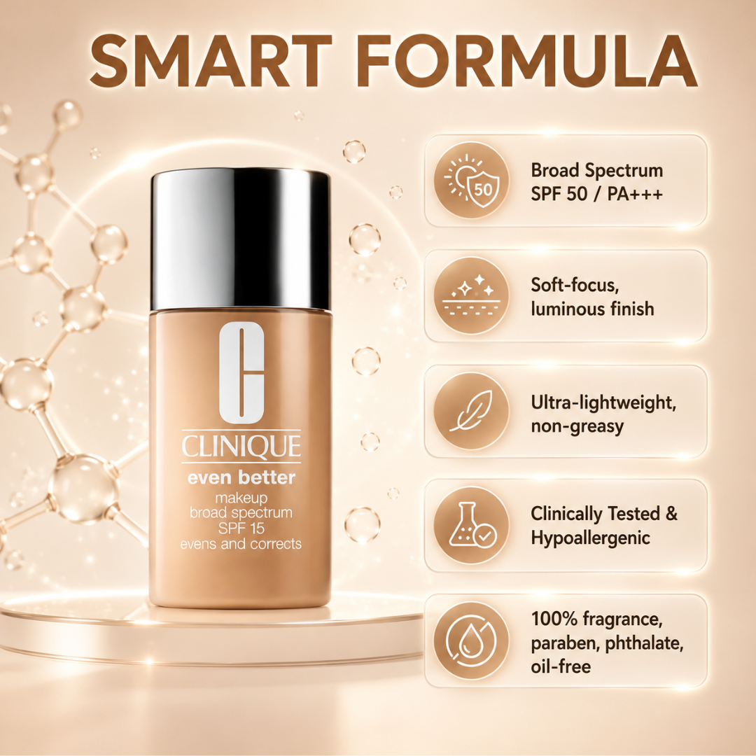 Clinique Even Better Makeup Broad Spectrum SPF 50 – 50% OFF – The Ultimate Glass Skin Luminous Glow – Zero Oil, Zero Shine – Evens, Corrects & Brightens – Deep Hydration, UV Protection & Oil Control