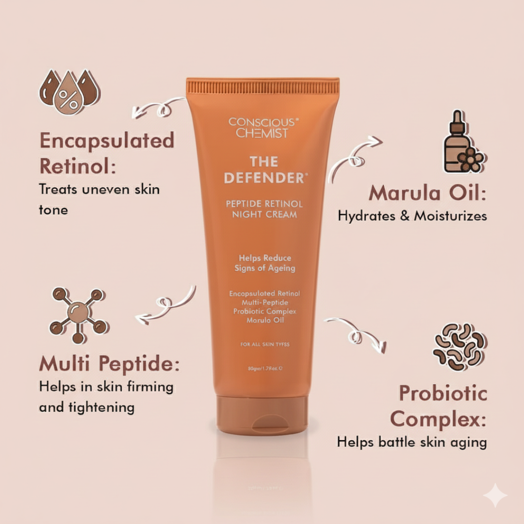 Conscious Chemist The Defender Retinol Night Cream | Fine Line & Wrinkle Care | Peptide-Powered Anti-Aging Moisturizer