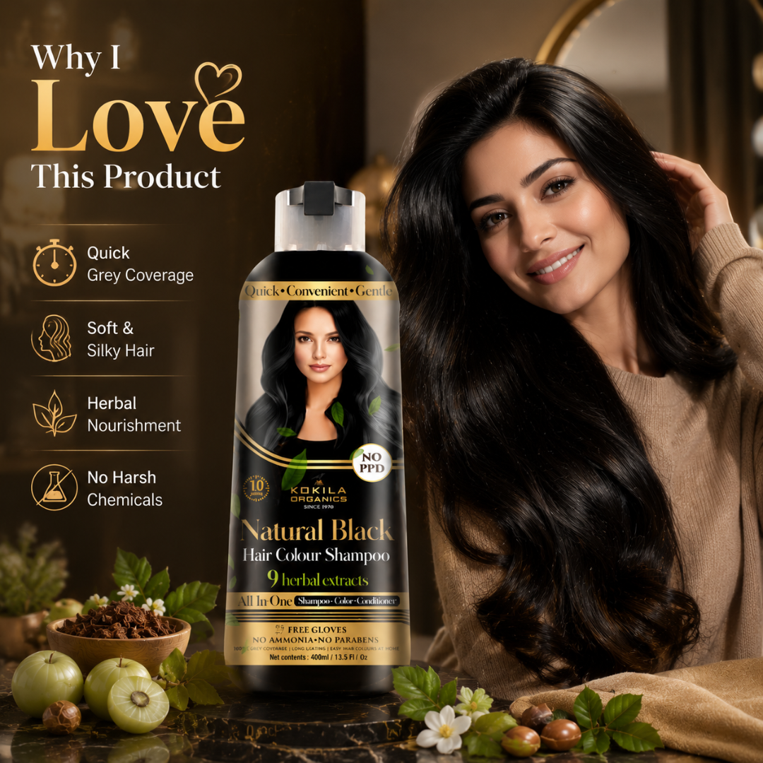 KOKILA ORGANICS Natural Black Hair Colour Shampoo – 3-in-1 Herbal Hair Color Solution – Covers Grey Hair in 5-10 Minutes – No Ammonia, No PPD, No Parabens – With Argan Oil, Amla, Avocado Oil & Reetha