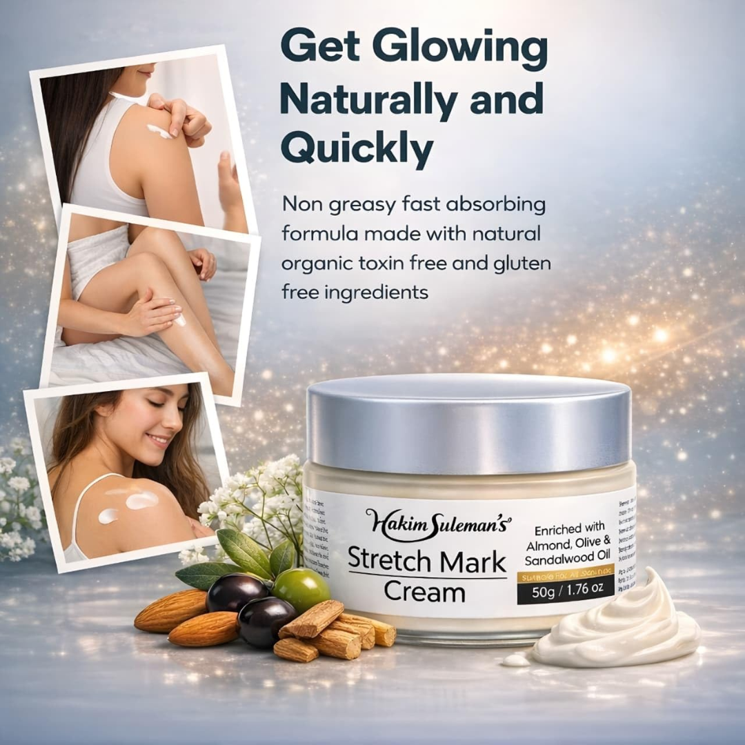Hakim Suleman's Stretch Mark Cream | Premium Ayurvedic Formula with Almond, Olive & Sandalwood Oil | Visibly Fades Stretch Marks on Belly, Thighs & More