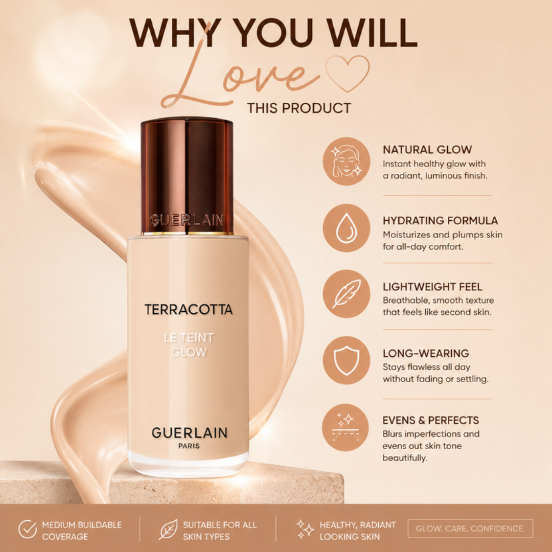 Guerlain Terracotta Le Teint Glow – Healthy Glow, Naturally You – Hydrating, Lightweight & Long-Lasting Foundation – Natural Glow Finish – With Glycerin, Vitamin E, White Flower Extract & Argan Oil