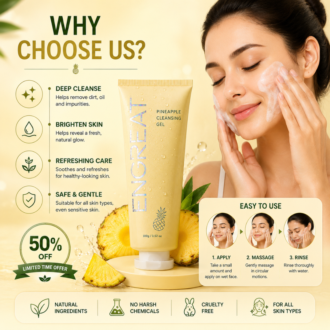 Engreat Pineapple Cleansing Gel – 50% OFF – Deep Cleanse, Brighten & Refresh – With Pineapple Extract & Aloe Vera – Gentle Yet Effective – Removes Impurities, Brightens Skin, Soothes & Hydrates – For All Skin Types
